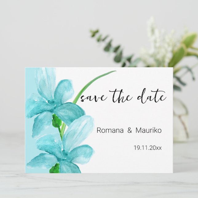 Save The Date Aquarelle bleu Iris Floral Peinte à la main (Debout devant)