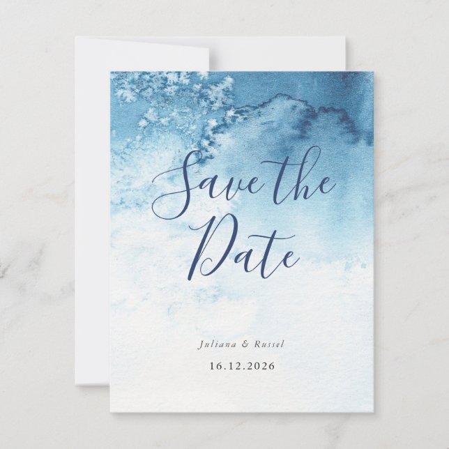 Save The Date Aquarelle Bleu Mariage d'hiver Enregistrer la date (Devant)