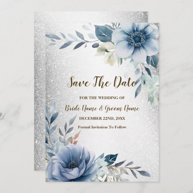 Save The Date Aquarelle bleu mariage Fleurs d'Aquarelle argent (Devant / Derrière)