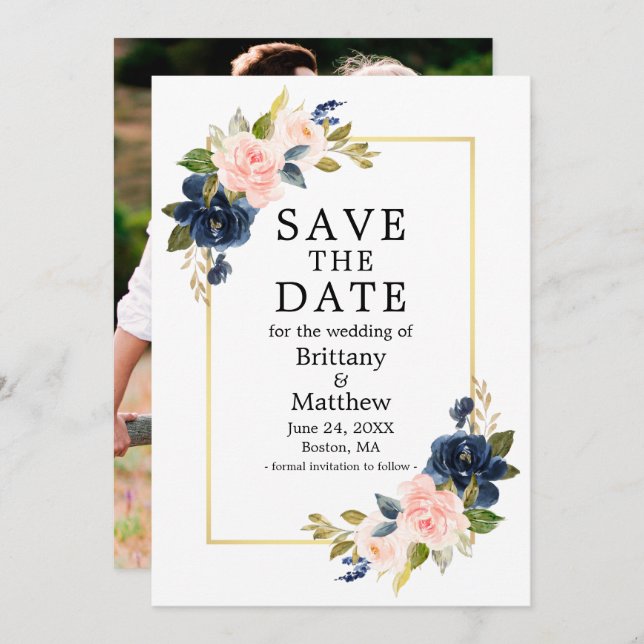 Save The Date Aquarelle bleu rose Rose Photo Gold Frame (Devant / Derrière)