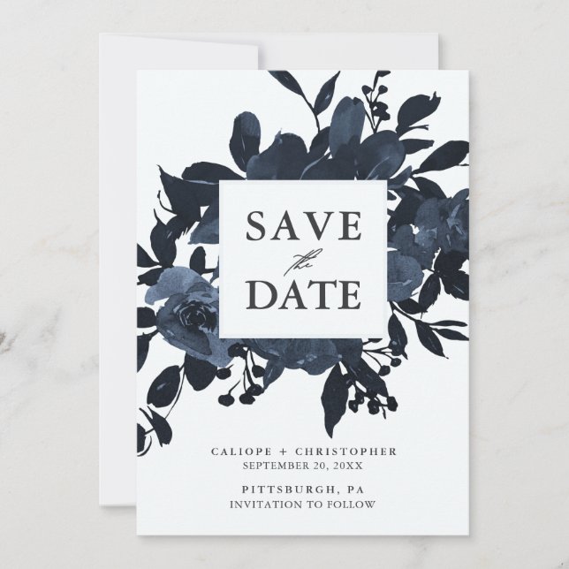 Save The Date Aquarelle bleu rustique Bouquet floral Photo (Devant)