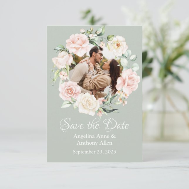 Save The Date Aquarelle bleu Sage Green Photo Mariage Floral (Debout devant)