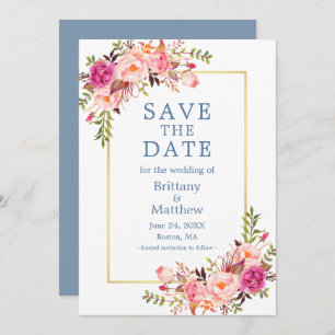 Save The Date Aquarelle Bleue Duisette Roses Roses Rose Enregist