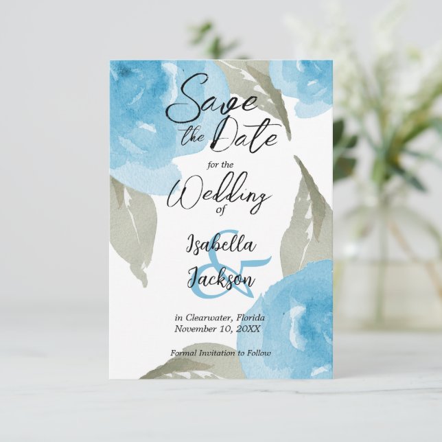 Save The Date Aquarelle bleue Floral (Debout devant)