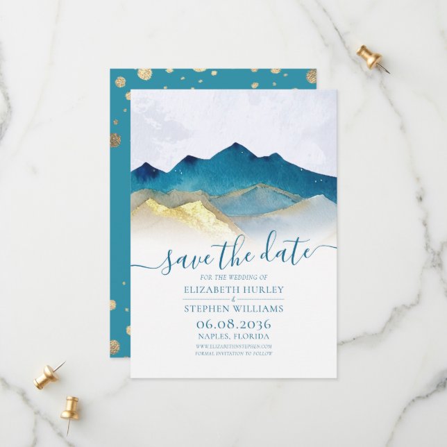 Save The Date Aquarelle Blue Gold Foil Mountain Mariage extérieu (Devant/Arrière en situation)