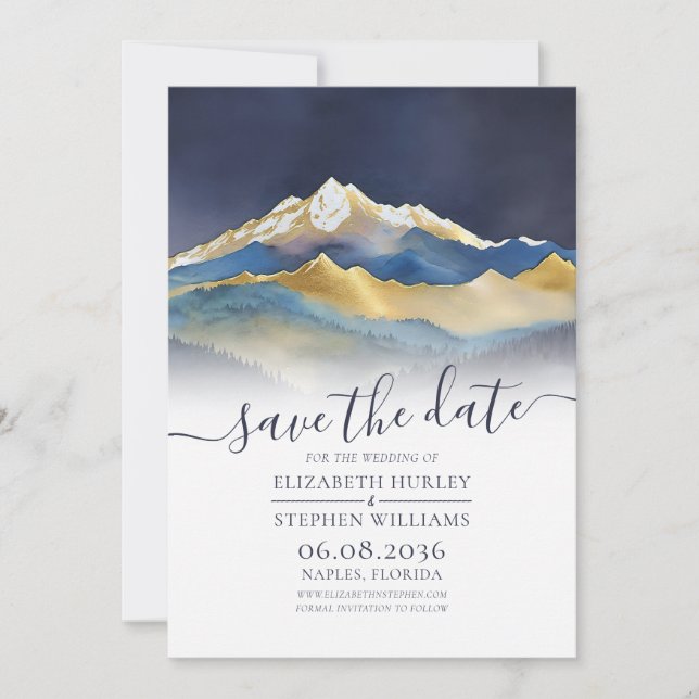 Save The Date Aquarelle Blue Gold Foil Mountain Mariage extérieu (Devant)