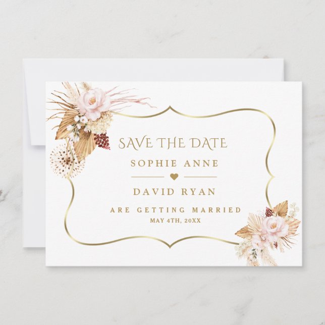 Save The Date Aquarelle Blush Roses Pampas Grass Mariage or (Devant)