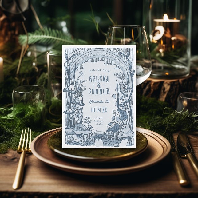 Save The Date Aquarelle Boho Champignons Retro Blue (Créateur téléchargé)