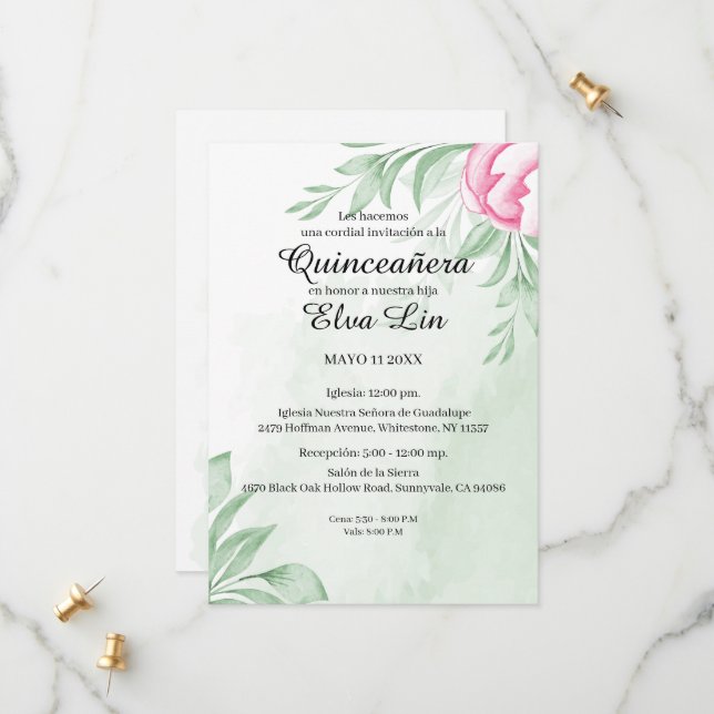 Save The Date Aquarelle Boho Eucalyptus Quinceanera (Devant/Arrière en situation)