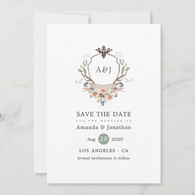 Save The Date Aquarelle Bois Laurel Crest Monogramme Mariage (Devant)