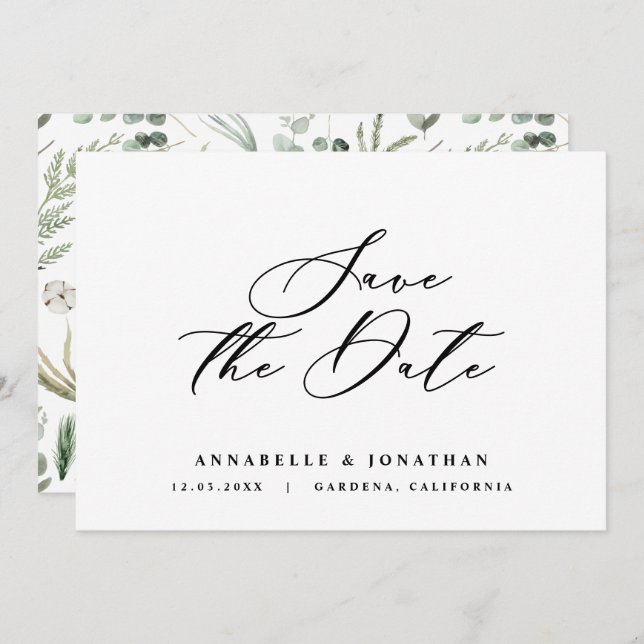 Save The Date Aquarelle botanique élégant script non photo enreg (Devant / Derrière)