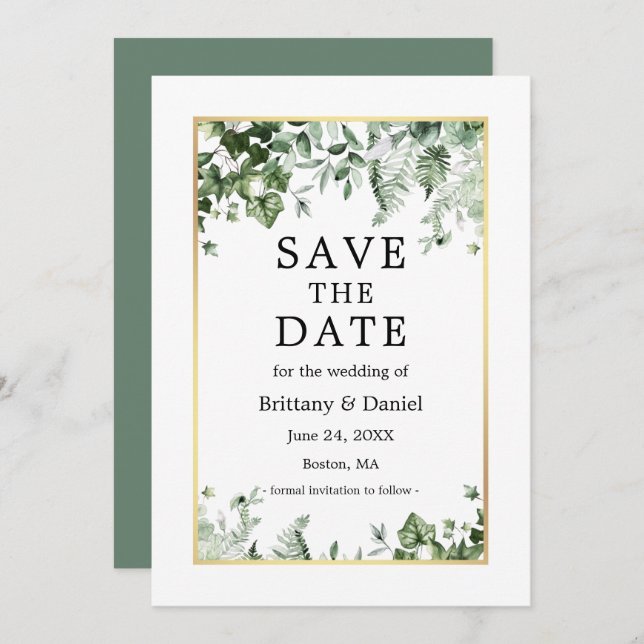 Save The Date Aquarelle Botanique Ivy Ferns Sage Green Gold (Devant / Derrière)