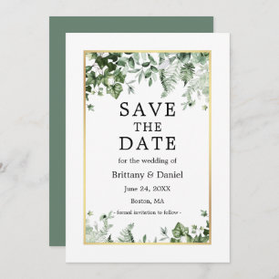 Save The Date Aquarelle Botanique Ivy Ferns Sage Green Gold