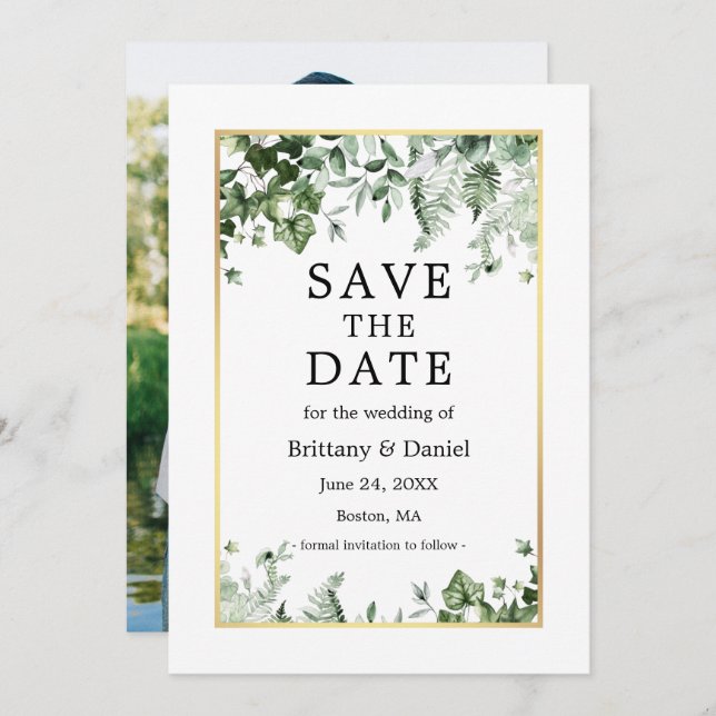 Save The Date Aquarelle Botanique Ivy Greenery Photo Or (Devant / Derrière)