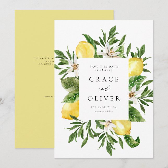 Save The Date Aquarelle Botanique Lemon Blossoms Cadre QR Code (Devant / Derrière)