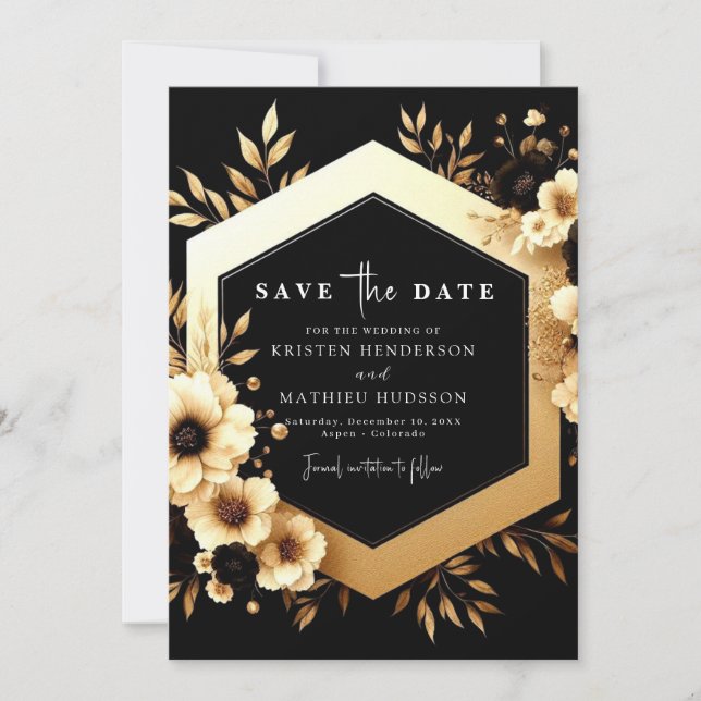 Save The Date Aquarelle Botanique Or et Mariage noir (Devant)