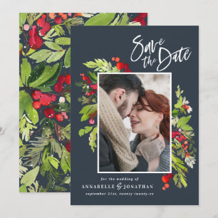 Save The Date Aquarelle botanique rouge d'hiver photo bleu
