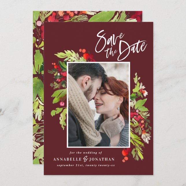 Save The Date Aquarelle botanique rouge hiver photo chic s (Devant / Derrière)