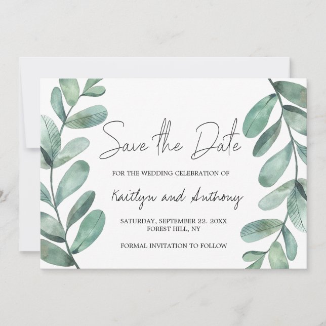 Save The Date Aquarelle botanique Verdure Eucalyptus (Devant)