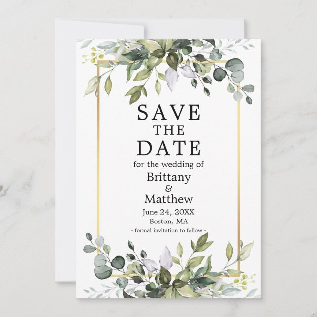 Save The Date Aquarelle Botanique Verdure Or Cadre (Devant)