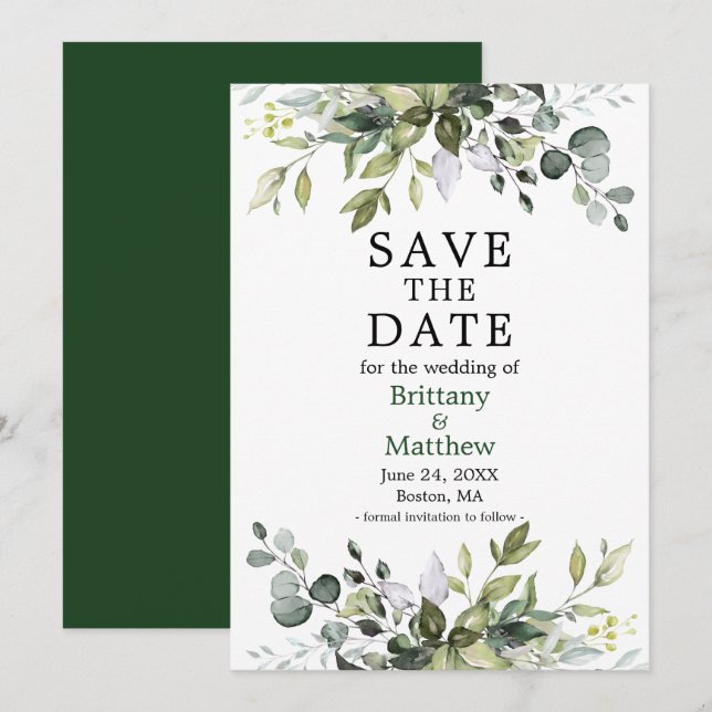 Save The Date Aquarelle Botanique Vert Élégant (Devant / Derrière)