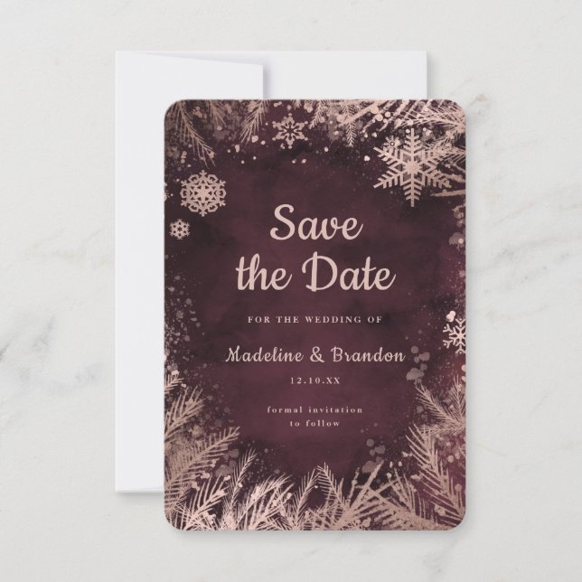 Save The Date Aquarelle Bourgogne avec mariage Rose d'hiver d'or (Devant)