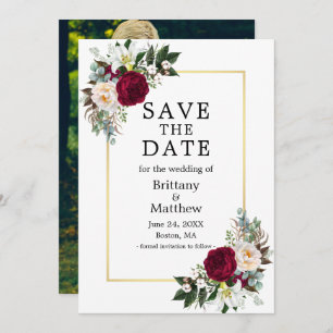 Save The Date Aquarelle Bourgogne Blanc Floral Photo Or