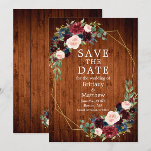 Save The Date Aquarelle Bourgogne Bleu Floral Bois Geo Frame