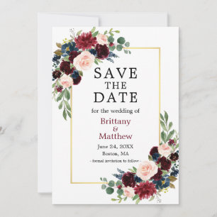 Save The Date Aquarelle Bourgogne Bleu Floral Elégant Cadre Or