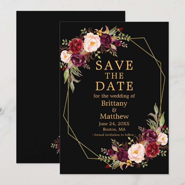 Save The Date Aquarelle Bourgogne Floral Black Gold Geo Frame (Devant / Derrière)