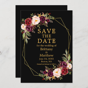 Save The Date Aquarelle Bourgogne Floral Black Gold Geo Frame