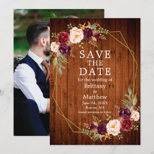 Save The Date Aquarelle Bourgogne Floral Bois Geo Photo Cadre