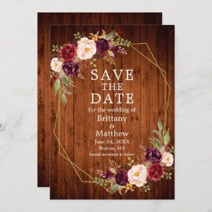 Save The Date Aquarelle Bourgogne Floral Bois Or Cadre Geo