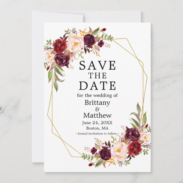 Save The Date Aquarelle Bourgogne Floral Gold Geo Frame (Devant)