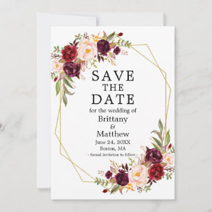 Save The Date Aquarelle Bourgogne Floral Gold Geo Frame