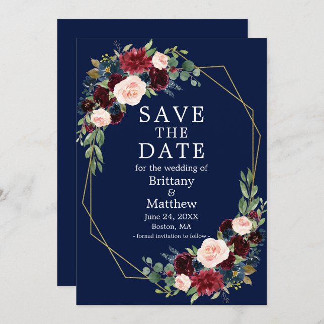 Save The Date Aquarelle Bourgogne Floral Or Geo Frame bleu (Devant / Derrière)