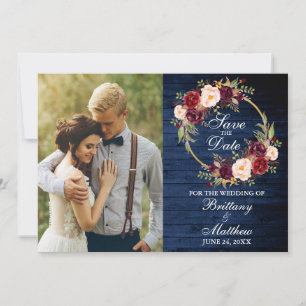 Save The Date Aquarelle Bourgogne Floral Wreath Blue Wood