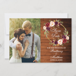 Save The Date Aquarelle Bourgogne Florale Wreath Bois rustique
