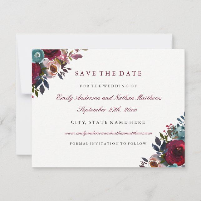 Save The Date Aquarelle Bourgogne Mariage Floral Enregistrer La  (Devant)