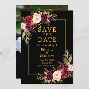 Save The Date Aquarelle Bourgogne Rose Black Gold Frame Photo