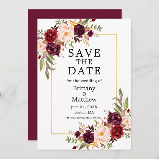 Save The Date Aquarelle Bourgogne Rose Floral Gold Frame (Devant / Derrière)