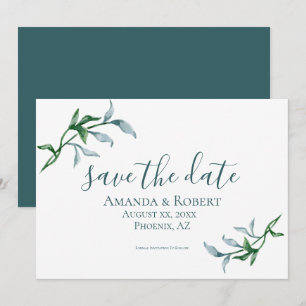 Save The Date Aquarelle Branches florales, Bleu, Vert, Mariage