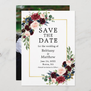 Save The Date Aquarelle Burgundy Bleu Floral Gold Frame Photo