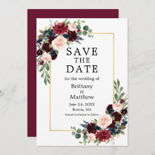 Save The Date Aquarelle Burgundy Bleu Floral Or