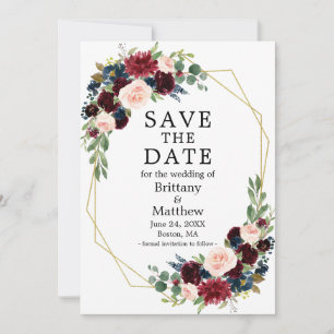 Save The Date Aquarelle Burgundy Bleu Floral Or Cadre Geo