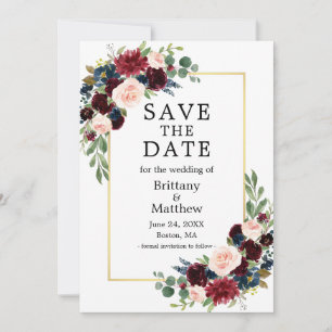 Save The Date Aquarelle Burgundy Bleu Floral Or Frame