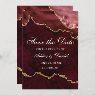 Save The Date Aquarelle Burgundy Gold Marble Agate Géode