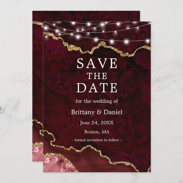 Save The Date Aquarelle Burgundy Gold Marble Lumières (Devant / Derrière)