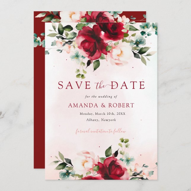 Save The Date Aquarelle Burgundy moderne Mariage Floral (Devant / Derrière)