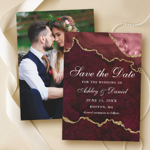 Save The Date Aquarelle Burgundy Or Marbre Agate Géode Photo